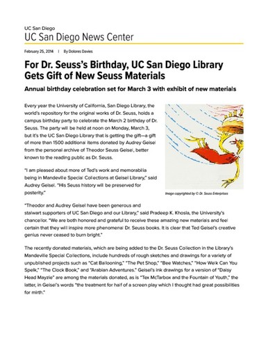 For Dr. Seuss’s Birthday, UC San Diego Library Gets Gift of New Seuss Materials