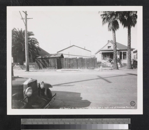 409 Bauchet St. Corregated [sic] Iron bldg. to the left is south end of American Foundry