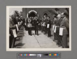 Funeral service for Peter SooHoo, the casket leaving the church, Masons flanking the sidewalk