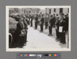 Funeral service for Peter SooHoo, the sidewalk from Chinese Presbyterian Church, flanked by Masons