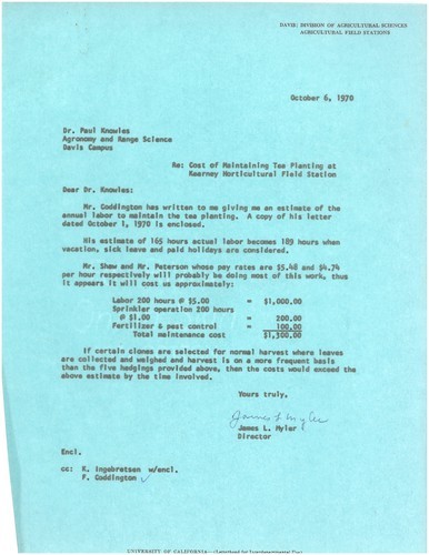 Cost of Maintaining Tea Planting at Kearney Horticultural Field Station