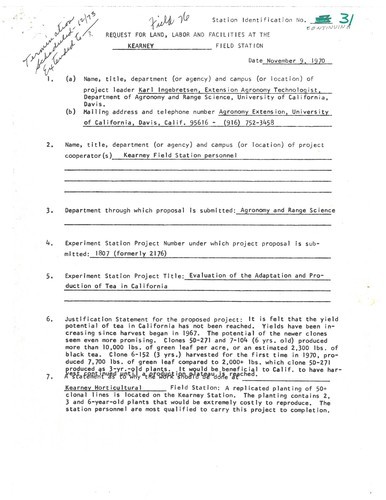 1970 Request for Land, Labor, and Facilities