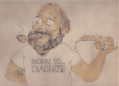 "Born to diagnose" Dick Fine caricature