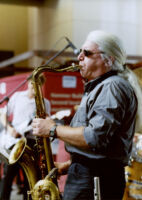 Vinny Golia playing saxophone at the Los Angeles County Museum of Art [descriptive]