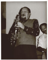 Jackie McLean playing the saxophone with an unidentified man, Los Angeles, October 1996 [descriptive]