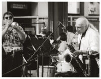 Rob Blakeslee on trumpet, Billy Mintz on drums and Vinny Golia playing baritone sax, Los Angeles [descriptive]