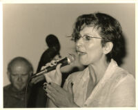 Janis Siegel singing and an unidentified man playing double bass, Los Angeles [descriptive]