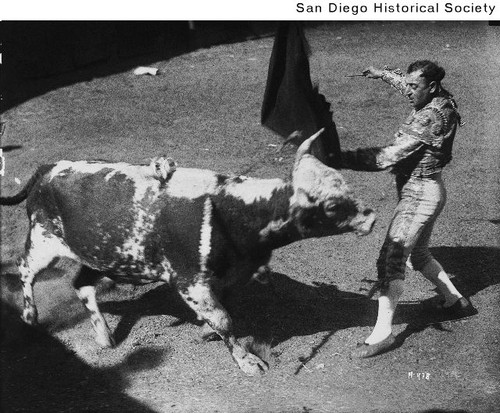Matador with cape and dagger fighting a bull