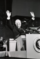 President Dwight D. Eisenhower greets crowd during speech