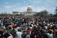 Demonstrators gather in front of Capital building for the 1971 Vietnam War Out Now protest in Washinton D.C