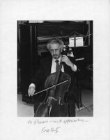 Autographed photo of Fred Katz playing the cello, 1979 [descriptive]