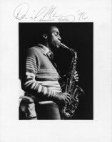 Autographed photo of David Murray playing saxophone, 1977 [descriptive]