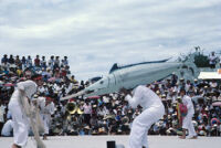 Tehuantepec, man carrying fake fish on shoulder, 1982 or 1985