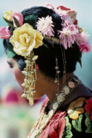 Tehuantepec, flowers decorating woman's hair close-up, 1982 or 1985