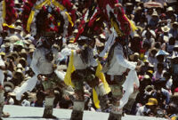 Teotitlán, men dancing wearing large headdresses, 1985