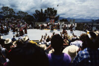 Juchitan, performers throwing gifts to spectators, 1982 or 1985