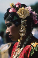 Tehuantepec, flowers decorating woman's hair close-up, 1982 or 1985