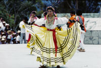 Ejutla de Crespo, woman dancer with yellow skirt held out, 1985