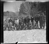 Boy Scout Troop 76 poses for a group photograph before leaving for home, Big Pines vicinity, winter 1934