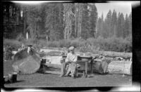 Wilfrid Cline, Jr. sitting at a table in camp, Siskiyou County, 1917