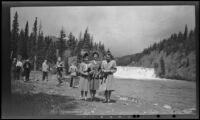 Mertie West and 2 women from Toronto pose in front of Bow Falls, Banff, 1947