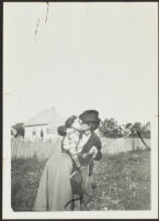 Daisy Kellum and Minnie Kellum perform a scene from a play in their yard, Los Angeles, about 1899