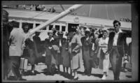 Everett Shaw, Frieda Shaw, Dode Witherby, Mertie West, Will Witherby, Hannah Lockwood, Zetta Witherby, Josie Shaw and Will Shaw stand on the wharf upon arrival in Avalon, Avalon, 1948