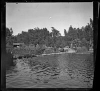 Stepping stones stretch across the lake in Lincoln (Eastlake) Park, Los Angeles, about 1900