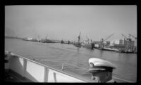 View of San Pedro Harbor, viewed from the S. S. Catalina as it sails through a channel, Los Angeles, 1948