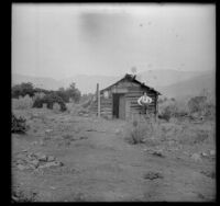 George M. West posing in front of a log cabin, Yreka, 1898