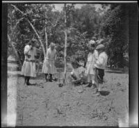 Elizabeth West, Frances West, Irene Schmitz and Chester Schmitz watching a girl play with a pet monkey in camp, Warner Springs vicinity, about 1915