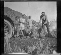 Frances West, Elizabeth West and Ted McClellan's son watch as H. H. West strings up fish, Mammoth Lakes vicinity, 1915