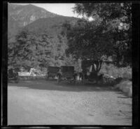 Cars parked in the lot for the camping area at Oak Grove, Warner Springs vicinity, about 1915