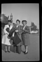 Frances Cline Greene, Frances West Wells and Mertie West pose outside the Glendale Southern Pacific Railroad Depot, Glendale, 1944