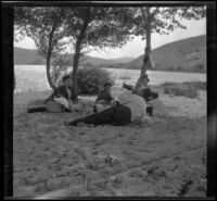 Hattie Cline, Elizabeth West, Mary West, Frances West and Wilfrid M. Cline lunch under the trees at Elizabeth Lake, Lancaster vicinity, about 1912