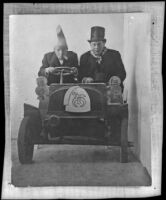 H. H. West and Dick Taylor in a miniature car at a Shriner's conclave, Los Angeles, 1907