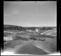 Riverside Geyser erupting into Firehole River, Yellowstone National Park, 1942