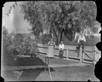 Nella A. West, Wilson West and Wayne West pose in their front yard on South Workman Street, Los Angeles, 1894