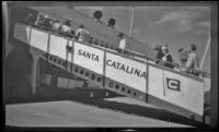 Mertie West, Hannah Lockwood and Will Witherby walk up a gangplank to board their ship, Avalon, 1948