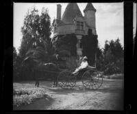 Mertie Whitaker and Lelia Gillan ride in a carriage, Fresno, 1901