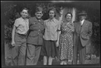 Richard Siemsen, Walter Burgess, Dorothea Siemsen, Elizabeth Siemsen and H. H. West pose outside the Siemsen residence, Glendale, 1943