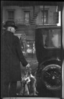 Man holds a bunch of rabbits while standing on the street, New York, 1917