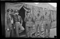 Charles Glenn, Jose Miller, Harold Brown, David Sparks and Herman Schultz pose in front of the barracks (negative), Camp Murray, 1942