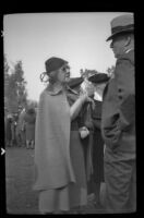 Fannie Christopher speaks to Mr. Kelly at the Iowa Picnic in Lincoln Park, Los Angeles, 1940