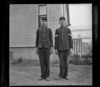 Wilson West and Wayne West pose in their Boys' Brigade uniforms, Los Angeles, 1897