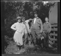 Mertie West, Nina Meyers, Glen Velzy and H. H. West, Jr. pose while visiting Matilija Creek, Ojai vicinity, about 1925