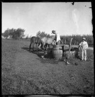 William Mead fills a barrel with water while Walter Biddick looks on, Elliott vicinity, 1900