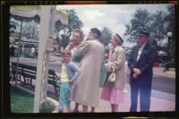 Debbie West, Anna West, Dode Witherby, Mertie West and Will Witherby at Disneyland, Anaheim, 1957