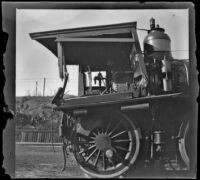 Wrecked Southern Pacific Railroad train engine at River Station, viewed from the side, Los Angeles, about 1898