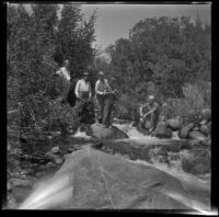 Mertie West, William Shaw, Agnes Whitaker, H. H. West Jr., and Forrest Whitaker at Pine Creek, Inyo Couny vicinity, about 1930